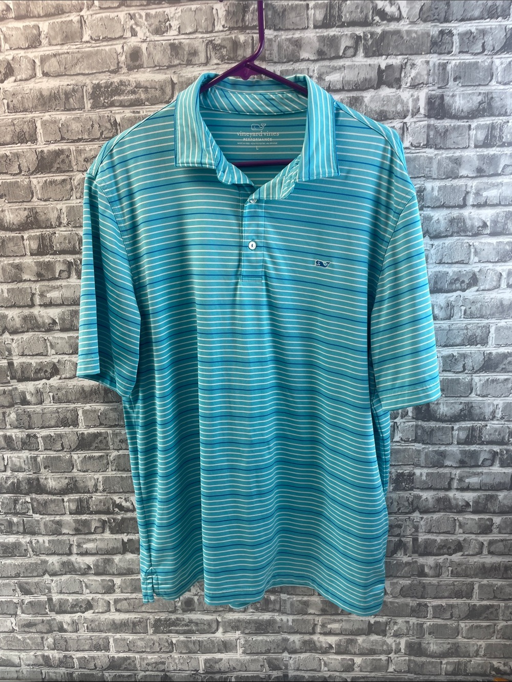 Vineyard Vines Men's Aqua and White Striped Polo